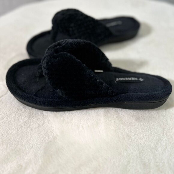 Women's Black Fuzzy Thong Slippers with Memory Foam Sole for Support - Picture 10 of 12
